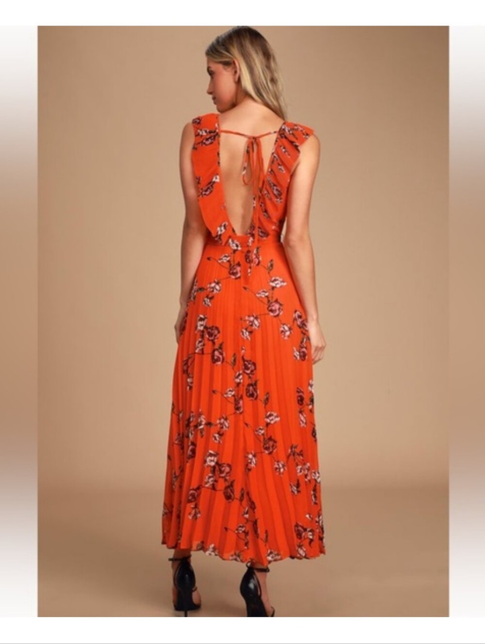 Lulus Loved By You Women’s Red Orange Floral V-Neck Pleated Maxi Dress Small - Picture 4 of 8